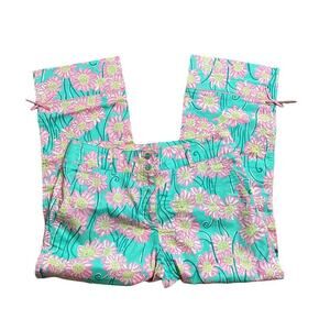 VTG Lilly Pulitzer Lion Print Capri Pants Pink Green Cotton Blend Size 2